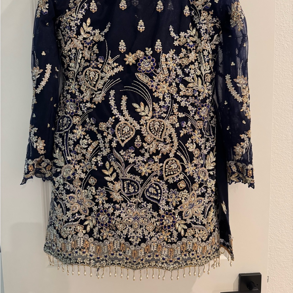 Embroidered Navy Dress with Gold Accents